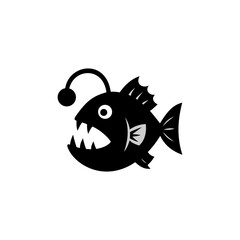 A bold black silhouette illustration of a deep-sea anglerfish 