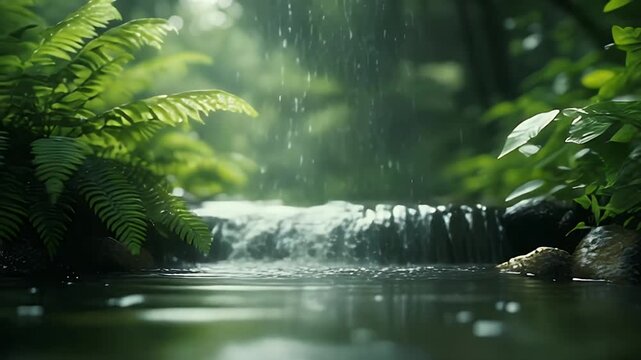Lush Green Ferns Frame a Gentle Waterfall in a Sunlit Forest During a Soft Rain Shower