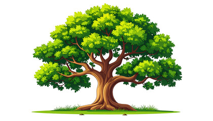 Cartoon illustration of a large oak tree with lush green foliage, on a grassy patch