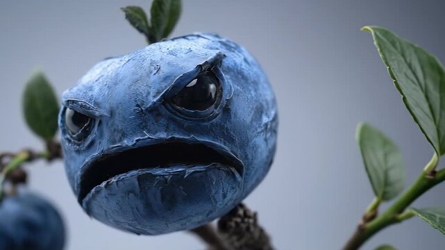 A grumpy blue fruit hangs from the branch, its fierce eyes staring into the distance. The strange expression adds a whimsical touch to the natural setting of vibrant leaves.