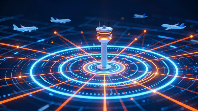 Fototapeta Air traffic control tower regulating airplanes on a futuristic digital radar network