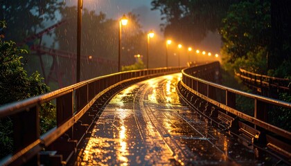A captivating view of a wet walkway illuminated by street lights during a rainy night offering a