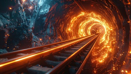A futuristic train tunnel illuminated with fiery light creating a stunning visual journey