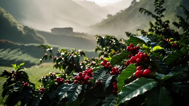 Aerial view of coffee plantation with red coffee beans on tree branches and misty mountains in the background.