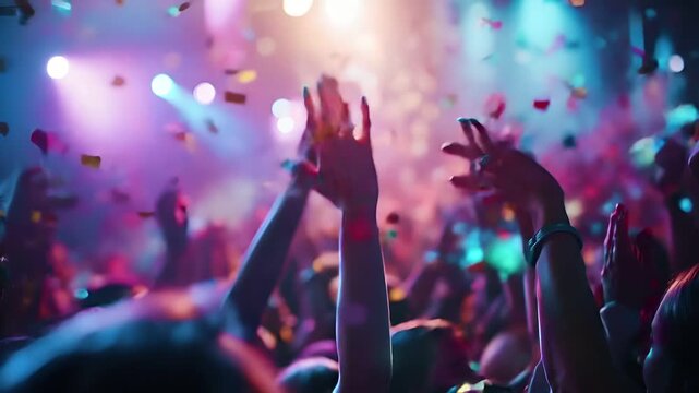 Birthday holiday celebration decoration. A vibrant, colorful crowd at a concert, with hands raised and confetti floating in the air. The scene is bathed in a mix of purples, blues, and pinks.