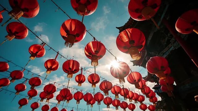 red Chinese lanterns against a blue sky during sunset or sunrise, with sunlight breaking through, illuminating the scene with a warm, golden hue.