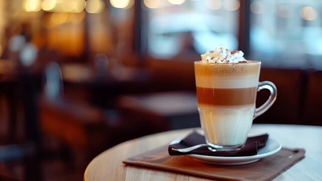 A closeup shot of a cup of coffee with a frothy top, set against a blurred background of a cafe setting. The coffee is a rich brown color, with a white frothy layer on top.