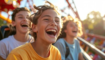 Exuberant laughter of teenagers on a thrilling roller coaster ride at a fun park