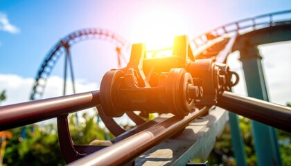 Exciting rollercoaster ride with focus on the thrilling machinery and experience and beautiful