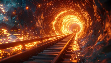 Illuminated railway tunnel with fiery glow a captivating journey through the unknown