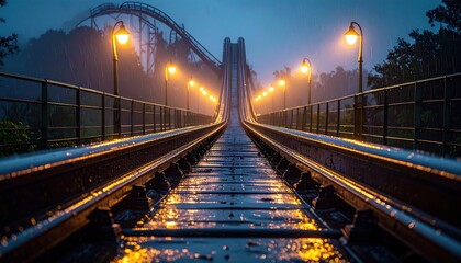Illuminated Rollercoaster Tracks on a Rainy Night Creating an Atmospheric Scene