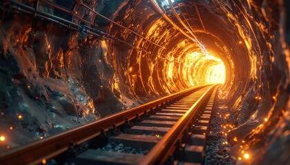 Illuminated Underground Train Tunnel Leading to Bright Light Ahead Destination Journey