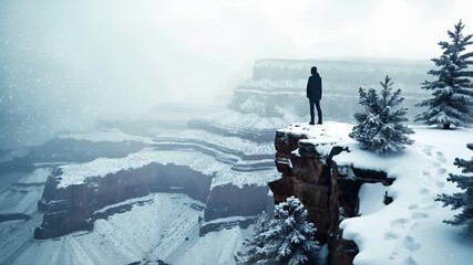 A solitary figure stands atop a snowcovered cliff, overlooking a vast expanse of snowladen canyon. The scene is bathed in a soft, ethereal light.