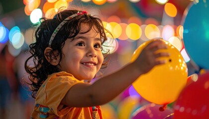 Joyful little girl with balloons at a vibrant festival filled with colorful lights
