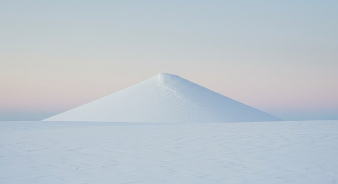 A serene, muted landscape of snow, with a triangular snowdrift subtly rising above the flat expanse.  Pale colors and soft focus