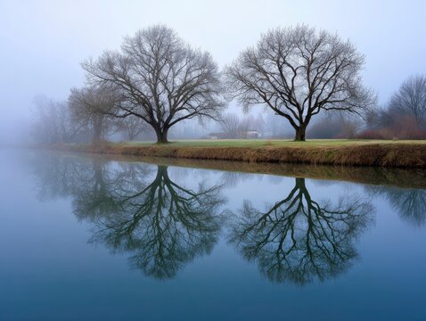 Misty waters reflect two leafless trees on a grassy bank under an overcast sky