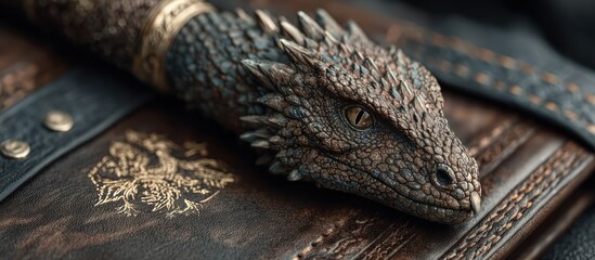 Dragon Head Pen Close-Up on Leather Bound Book with Decorative Design