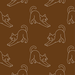 Minimalist Stretching Cat Outline Seamless Pattern in Brown