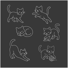 Cute Cat Outline Pattern with Multiple Poses on Dark Grey