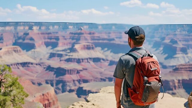 A man stands at the edge of a cliff overlooking a vast canyon, capturing the grandeur of the landscape with his smartphone. The sky above is clear with a few wispy clouds.