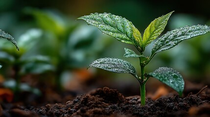 Vibrant Green Seedling Emerging from Rich Soil, Dew Drops Adorning Delicate Leaves, Symbolizing Growth and New Beginnings in Nature's Embrace