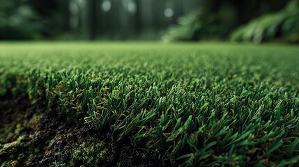Lush Artificial Grass on Forest Floor Close-Up of Synthetic Turf Texture