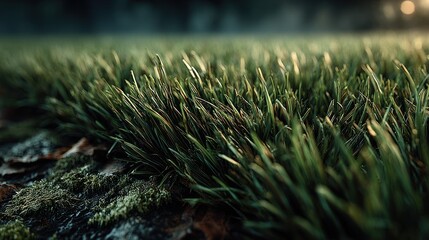 A detailed, low-angle perspective of vibrant green grass blades bathed in soft sunlight, highlighting the intricate textures and natural growth of a healthy lawn