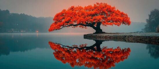 Serene Autumn Tree Reflection A Tranquil Waterscape with Fiery Red Foliage and Mirror Image