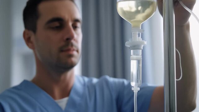 Male medical professional carefully adjusts intravenous drip bag, preparing for patient care