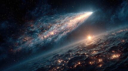 An awe-inspiring interstellar journey of a celestial body with a brilliant, glowing tail of gas and dust passing a planet dotted with city lights at night