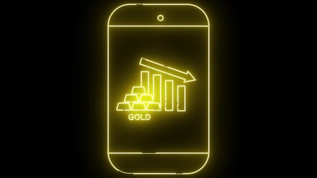 Glowing yellow neonstyle image on a black background of a smartphone showing gold bars  a chart with a downwardfacing arrow