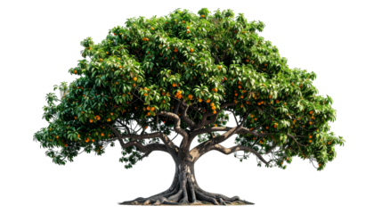 A full-grown tree with a large, lush canopy bearing orange fruit, roots exposed