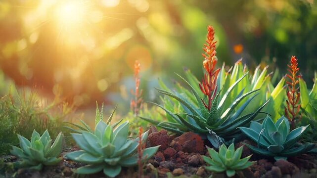 A closeup of a succulent plant with vibrant red flowers, set against a backdrop of a sunlit garden. The plants leaves are a mix of green and blue, with the red flowers standing out prominently.
