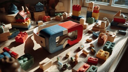 A conceptual image blending nostalgic childhood play with futuristic technology, showing a VR headset among classic wooden blocks