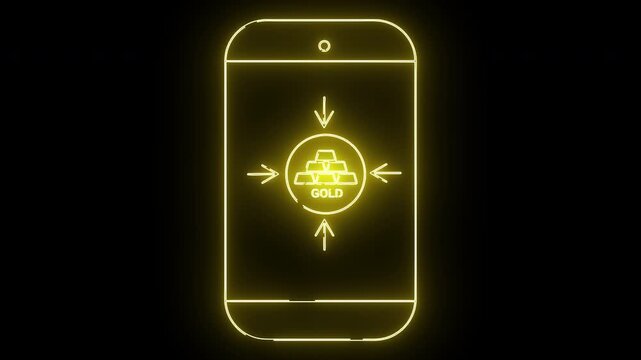 Glowing yellow phone outline displays gold bars logo with arrows on a black background