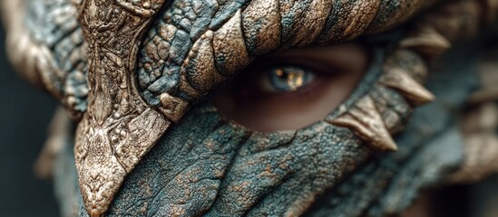 Intense gaze of a fantasy warrior peering through an ancient, stone-like dragon scale mask or helmet