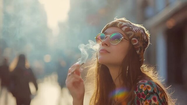 Marijuana cannabis topic concept. A woman in sunglasses and a beanie exhaling smoke from a cigarette on a city street during what appears to be the golden hour.