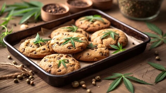 Marijuana cannabis topic concept. cannabisinfused cookies with cannabis leaf garnish on a rustic wooden surface.