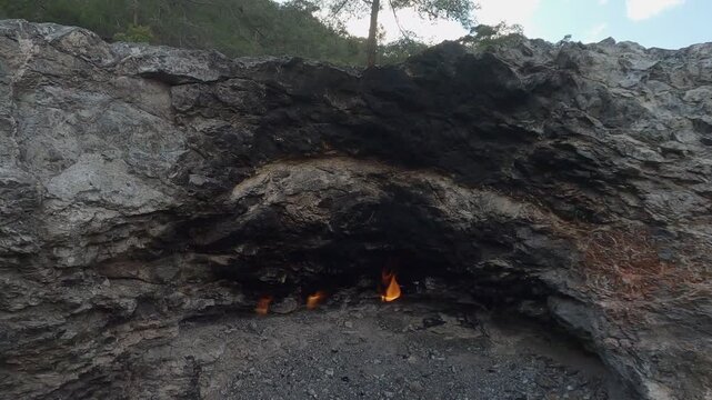 Eternal fire flames burning on Yanartas Mount Chimaera in Turkey