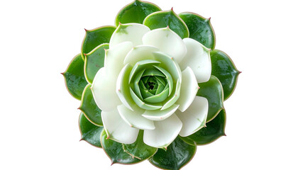 Overhead view of a succulent plant with layered leaves of white, light, and dark green