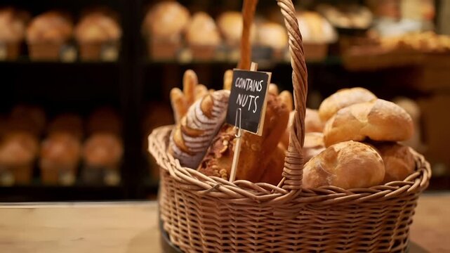 Allergy. A closeup shot of a basket filled with assorted bread items, including a loaf of bread and a baguette, with a sign indicating contains nuts on it.