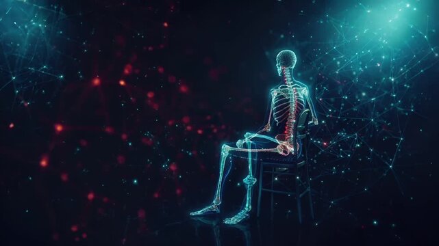 3D rendered digital artwork of a human skeleton seated on a chair against a cosmic backdrop. The skeleton is illuminated in blue and red hues, with intricate details of the bones and joints visible.