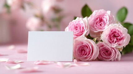 Elegant Greeting Card Displayed on Pastel Pink Table With Delicate Roses Surrounding the Edges