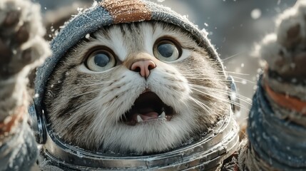 Close Up Of A Cat Wearing A Space Helmet In A Snowstorm With Mouth Open In Surprise