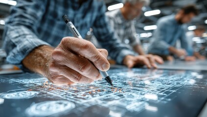 Close Up Of A Man's Hand Holding Pen Over Digital Blueprint On Interactive Table