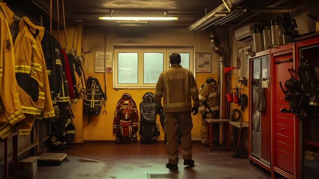 A firefighters gear is displayed in a fire stations hallway, illuminated by overhead fluorescent lights. The firefighters uniform, consisting of a jacket with the word FIIA printed on it.