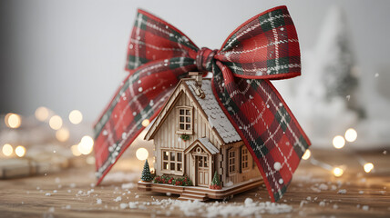 A charming miniature house adorned with a festive red plaid bow, nestled in a snowy setting with warm bokeh lights, evoking the cozy spirit of holiday celebrations and home gifting