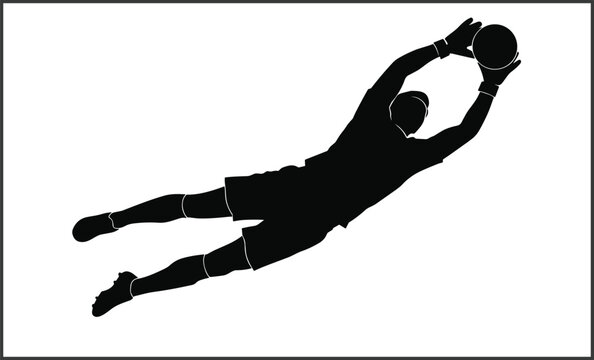 Soccer goalkeeper silhouette diving to catch ball, black vector illustration of football player saving goal, athletic sport concept isolated on white background