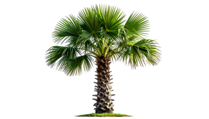 Isolated palm tree, fan-shaped leaves, textured trunk, green foliage