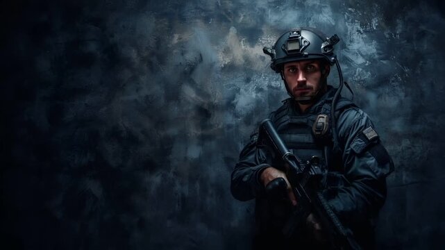 A detailed, realistic portrayal of a soldier in tactical gear, set against a textured, smoky backdrop. The soldier is wearing a helmet with a mounted device.